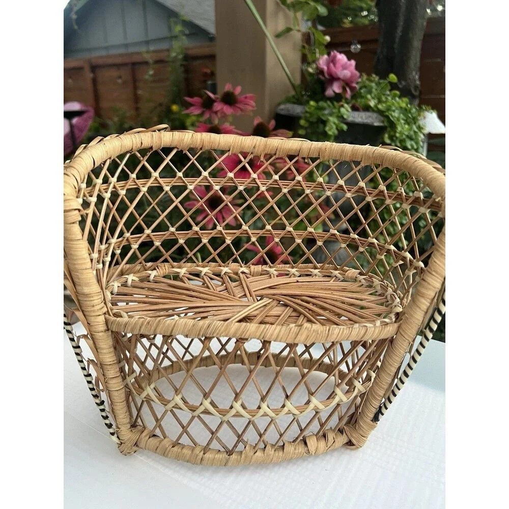 1970’s Vintage Mini Wicker Rattan Doll Chair + Bunny Cottagecore Boho Decor
